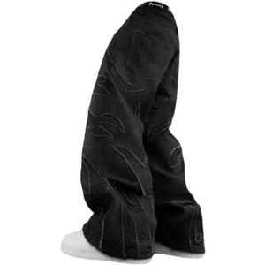 Y2K Jeans Men's Hip-hop Retro Flame Splicing Wide Leg Women's Gothic Straight Tube Loose Jeans (Black), S