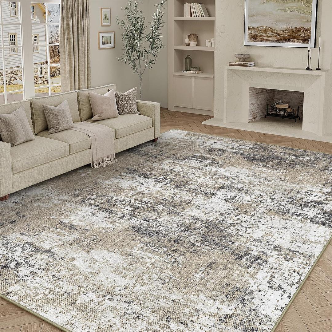 Washable Brown Area Rug 8x10 Modern Abstract Living Room Large Carpet Bedroom Neutral Soft Throw Rug Low Pile Non Slip Indoor Contemporary Floor Cover for Dining Room Office