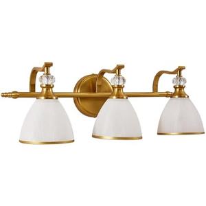 ANDY STAR Brushed Gold Bathroom Vanity Light 3-Light, Vintage Bathroom Light Fixtures Over Mirror with Crystal Beads, Wall Sconce Lighting with Frosted Milky Glass Shade, E26 Base (Bulbs Not Included)