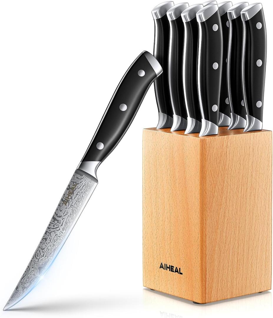 Aiheal Steak Knives Set of 8 with Beech Knife Block, 4.5 Inch Steak Knives with Unique Waved Pattern, Non Serrated Stainless Steel Steak Knife Set, Full Tang Handle Design for Kitchen Dinner