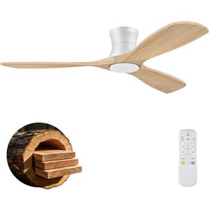 52 Wood Ceiling Fans with Lights Remote,Low Profile Flush Mount Ceiling Fan with Light,Outdoor Indoor Modern Ceiling fans for Bedroom Living room Patio,Light Wood&White,3 Blades,Dimmable LED,Quiet, 52-Remote Control