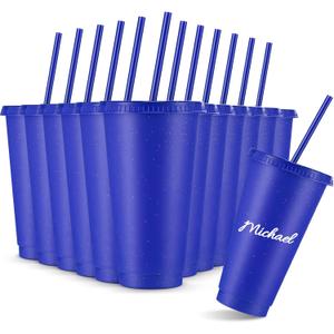 Amyhill 12 Pcs Reusable Glitter Cups with Lids and Straws 24 oz Plastic Tumbler Iced Coffee Cup Travel Mug for Smoothie Juice Birthday Sleepover Party Supplies for Parties Girl(Navy Blue)