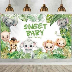 Jungle Animals Baby Shower Backdrop Decorations, Sweet Baby is on The Way Baby Shower Backdrop Green Leaves Background Banner Photography Photo Booth Props Newborn Party Decorations 70.8 X 43.3 Inch