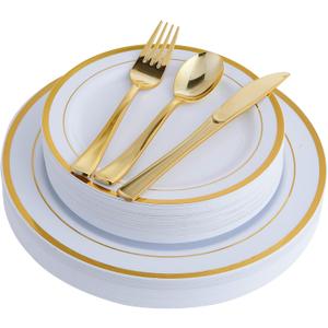 125 Count Gold Plastic Plates Include 25 Dinner Plates 25 Disposable Dessert & Gold Disposable Silverware, Plastic Dinnerware Set Providing for 25 Guests Suitable for Party Wedding (White)