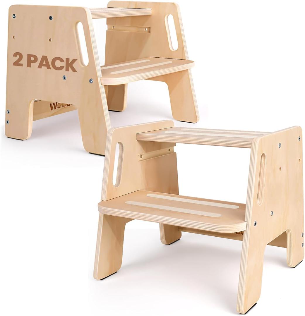2 Pack Toddler Step Stool, Wooden Height-Adjustable 2-Step Stool for Kids, Potty Training Stool with Handles (Original Wooden Colour)