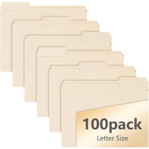 100 Pack Manila File Folders, 1/3-Cut Tab, Assorted Positions, Letter Size, 8.5x11 inches, Easy Labeling & Organization, Office Supply, School, Home,Business, Class,Document Filing
