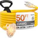 50 ft 10 Gauge Heavy Duty 3 Outlet Extension Cord Splitter with Indicator, Waterproof Outdoor Extension Cord with Multiple Outlets, 15A 1875W for Workshop, ETL Listed, Flexible Yellow SJTW