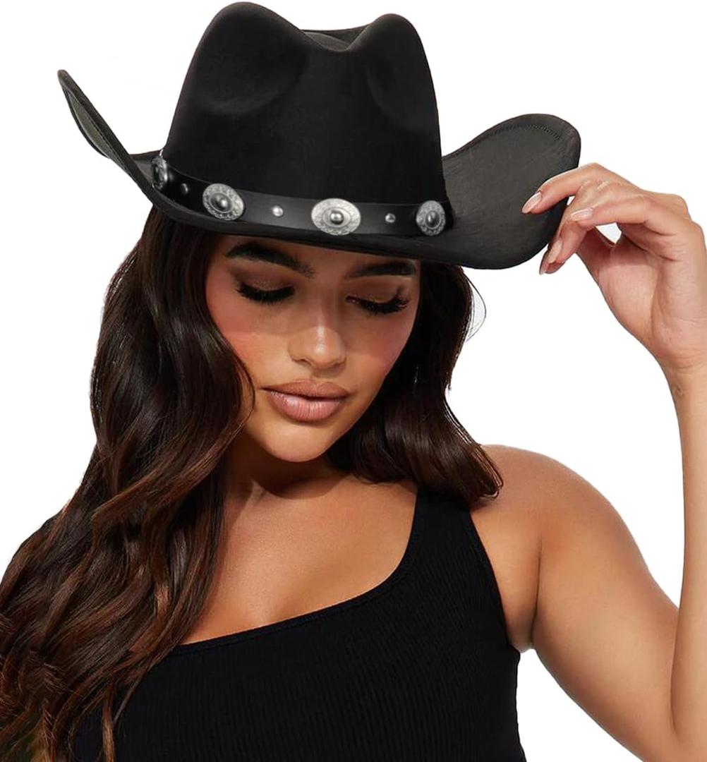 Eohak Womens Western Cowboy Hats Studded Pinched Western Cowgirl Hats Wide Brim Fedoras Hat with Belt Buckle (Size:Medium) (Black, M)