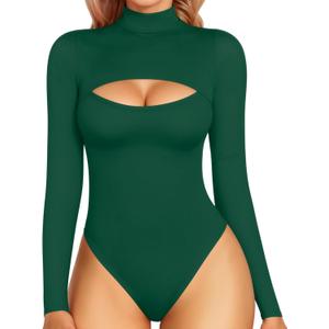 MANGOPOP Women's Mock Neck Cutout Front Bodysuit Long Sleeve Sleeveless Turtle Neck Body Suits Sexy Tops (XX-Large, 04 Deep Green Long Sleeve)