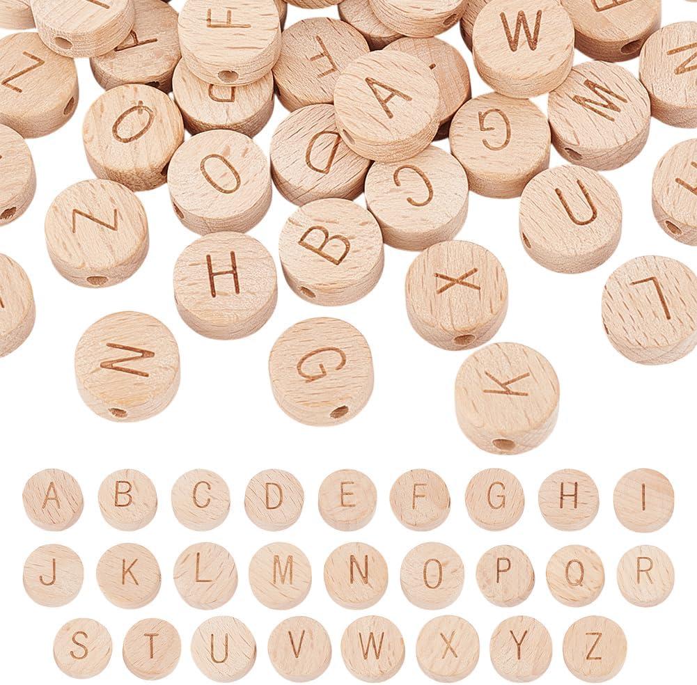PH PandaHall 104pcs Alphabet Wooden Beads 15mm Flat Round Letter Beads Natural Wooden Flat Beads with 3mm Hole Wooden Loose Beads with Initial Letter for Jewelry Making and DIY Crafts, 4Sets