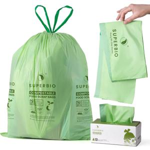 SUPERBIO 13 Gallon Compostable Drawstring Kitchen Waste Bag, 49.2 Liter, 30 Count,1 Mil, Heavy Duty Food Scrap Bags, BPI, Seedling and OK compost INDUSTRIAL
