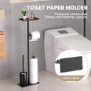 Modern Bathroom Toilet Paper Holder Stand, Black Metal, with Storage Shelf, Brush Holder, 3-Roll Storage, Freestanding Design