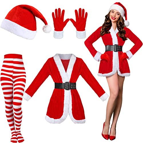 Funtery 5 Pcs Santa Claus Costume Women Christmas Suit Including Velvet Dress with Belt, Hat, Striped Tights, Velvet Gloves, medium