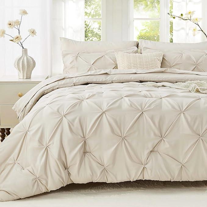 Sasttie King Size Comforter Set, 7-Piece Bed in a Bag, Pintuck Bedding Set for All Season, Includes Comforter, Flat Sheet, Fitted Sheet, Pillowcases and Pillowshams, Beige Sasttie King Size Comforter Set, 7-Piece Bed in a Bag, Pintuck Bedding Set for All Season, Includes Comforter, Flat Sheet, Fitted Sheet, Pillowcases and Pillowshams, Beige
