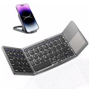JPHTEK Foldable Bluetooth Keyboard with Touchpad - Portable Wireless Keyboard with Holder, Rechargeable Full Size Ultra Slim Pocket Folding Keyboards for Android Windows iOS Tablet & Laptop
