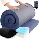 HOMBYS 3 INCH Memory Foam Camping Mattress with Portable Pillow for Outdoor Sleeping, Roll Up Mattress Topper Pad Mat for Travel Truck Bed Tent (Navy Blue)