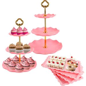 6 Pcs Cupcake Stand Set - Pink Plastic Dessert Table Display Set, 2X Pink Round 3 Tier Cupcake Display Stands Cookie Tray Rack Serving Tower & 4X 14 in Plastic Trays for Wedding Baby Shower Tea Party