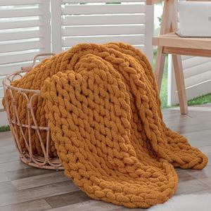 Knit Throw Blanket for Couch, 100% Hand Knitted with Thick Jumbo Chenille Yarn, Cozy Soft Large Rope Knot Cable Crochet Blankets for Sofa Bed Living Room, Burnt Orange