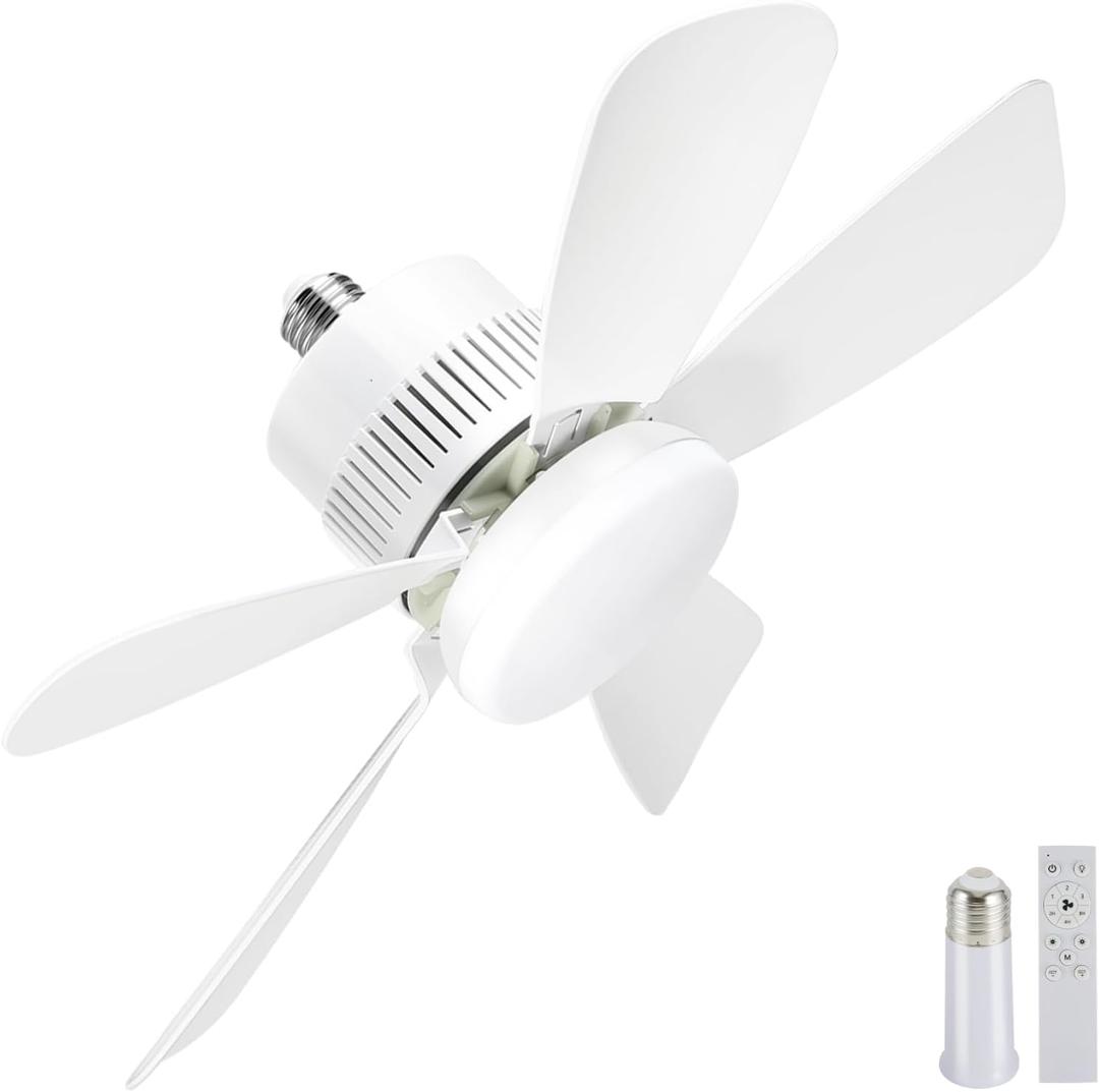 Socket Light Fan with Remote(Pairing Required), Light Socket Ceiling Fan Turbo Airflow, Whisper Quiet, Memory Save, Smooth Dimming 1000 LM CRI 80+, Screw In Design for Small Rooms, Garages & Dorms