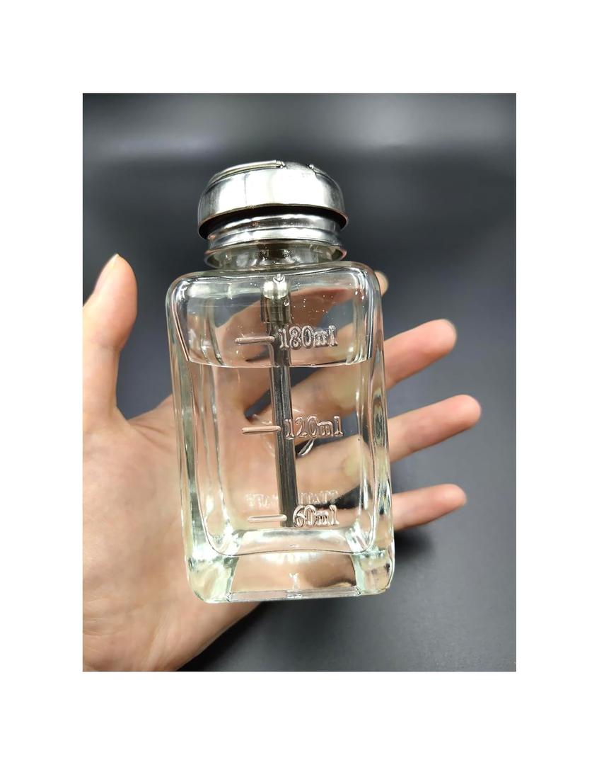 6 Oz/ 180ml Empty Glass Pump Dispenser Bottle, Square Refillable Push Down Pump Dispenser Alcohol Makeup Nail Polish Remover Bottles with Cap, 1 Pack (Metal Core)