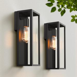 2-Pack Outdoor Wall Lanterns, Exterior Waterproof Wall Sconce with Glass Shades, Matte Black Porch Lights Wall Mounted, Anti-Rust E26 Modern Wall Lighting Fixtures for Patio Garage Entryway Front Door (13")