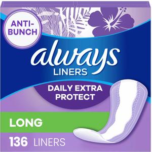 Always Anti-Bunch Xtra Protection Daily Liners, Long Length, Unscented, 136 Count