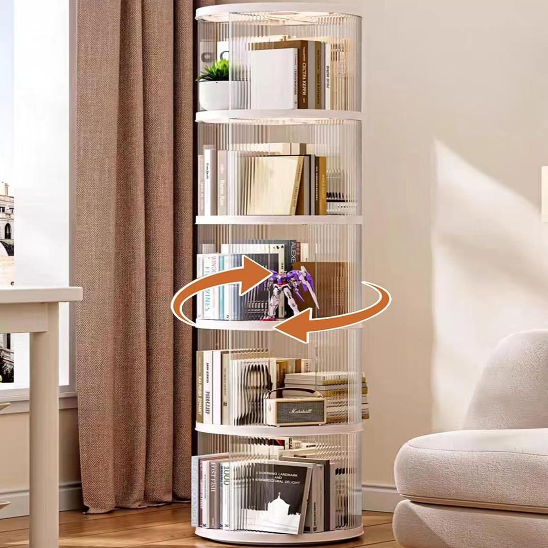 Rotating Bookshelf Tower,360° Rotating Bookshelf,66 inch High Small Space Revolving Bookcase, Suitable for Spinning Bookshelf Tower in Home and Office (White, 5 Tier, 16x16x66)