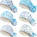 6 Pcs Satin Lined Working Hat Scrub Caps Adjustable Tie Back Bouffant Hats with Button Sweatband for Doctor Nurse (Novelty Color)
