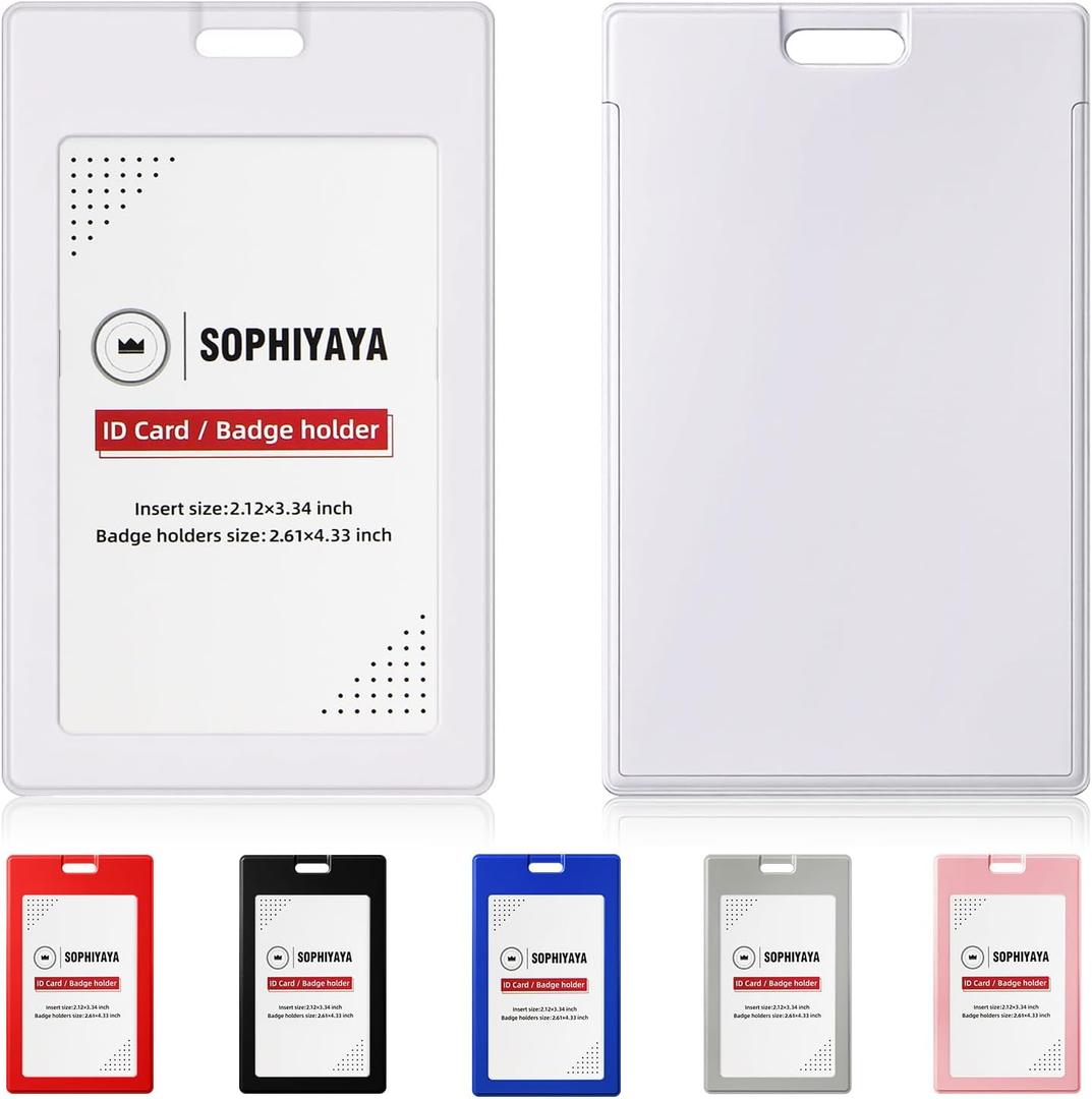 12 Pack Sliding ID Badge Holder - Vertical Hard Plastic Sleeve Secures Work ID Key Card Credit Cards for Office Factory School Teachers Students (White)