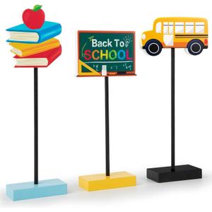3 Pieces Back to School Wooden Signs School Bus Books Blackboard Standing Back to School Decorations for School Classroom Home office (School), 8.9L" x 6.7W"