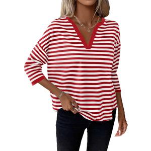 LilyCoco Womens 3/4 Length Sleeve Tops Striped Boat Neck Shirt Frenchy Cotton Tees Red Medium (Red, M)