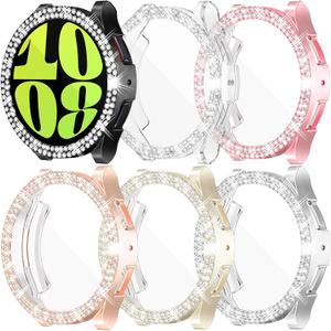 RICHONE [6Pack Compatible with Samsung Galaxy Watch 6 44mm Screen Protector Bling Face Case, Soft TPU Protective Bumper with 2 Row of 110 Rhinestones, Rose Gold, Pink, Clear, Silver, Black, Gold(SM-R940)
