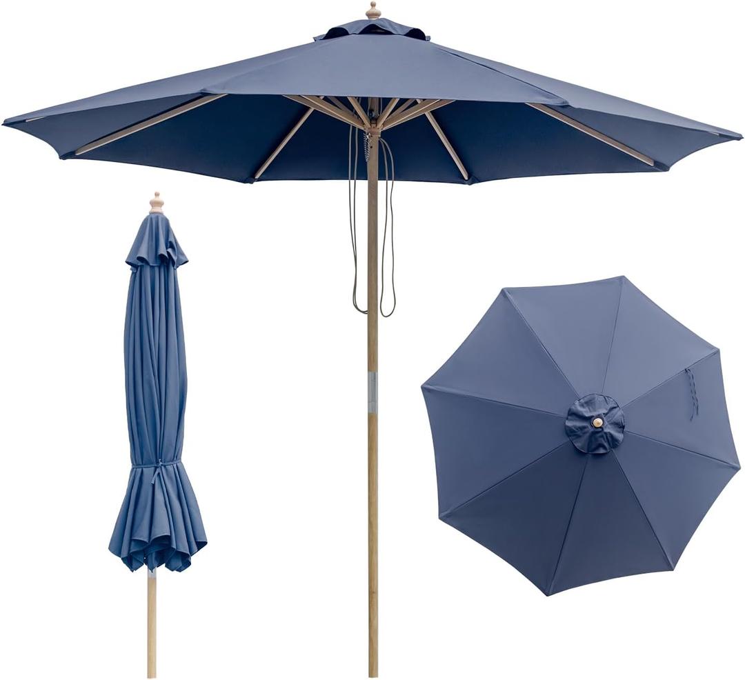 9FT Wood Patio Umbrella, Large Outdoor Table Pool Umbrella