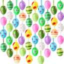 48 Pieces Easter Egg Hanging Ornaments Plastic Colorful Eggs Decorations Stripes Dots Flowers Style Mini Tree Ornaments Decorative for Holidays, Easter, Spring