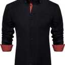 Mens Dress Shirt Long Sleeve Casual Button Down Shirt Wrinkle Free Formal Business Inner Collar Contrast Shirts (Medium, Black Red)