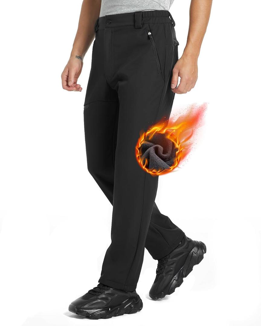 wantdo Men's Fleece Lined Hiking Pants Waterproof Insulated Winter Warm Softshell Ski Snow Outdoor Snowboard Pants (Medium, Black)