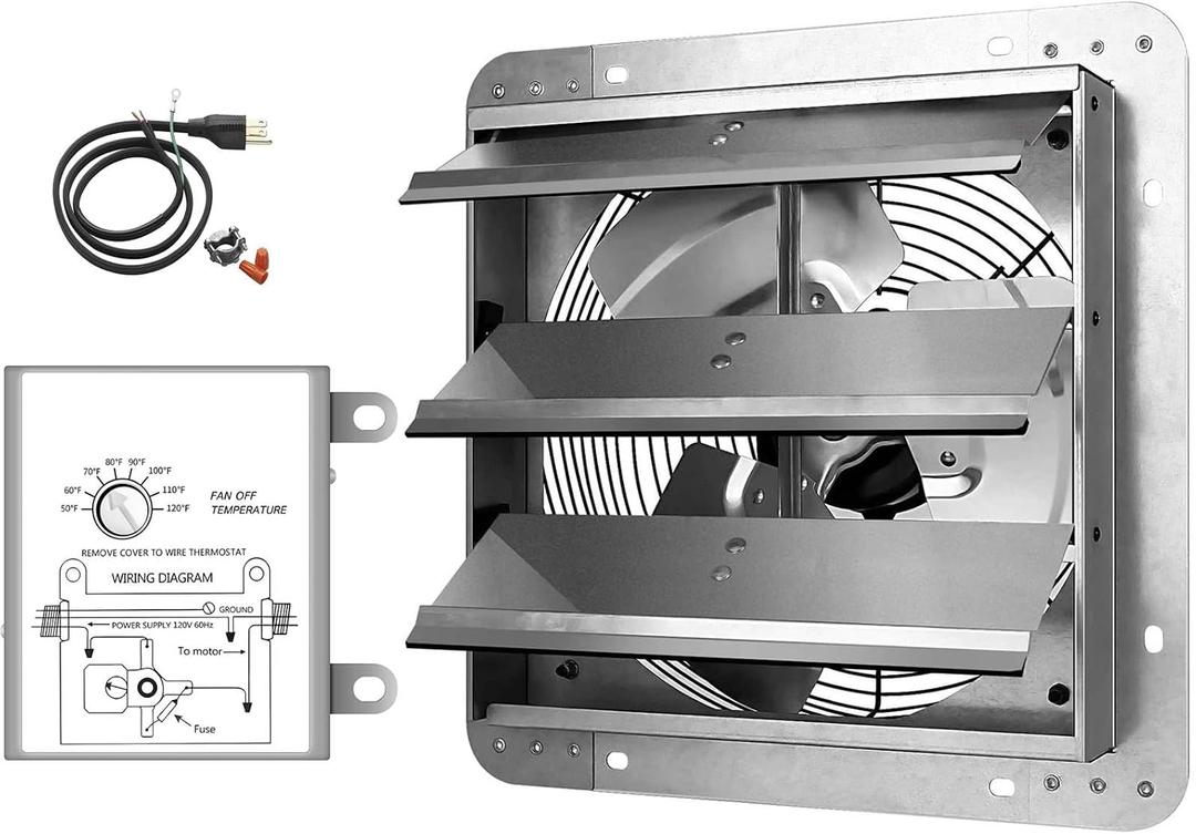 Simple Deluxe 20 Inch Wall Mounted Shutter Exhaust Fan with Temperature Controller and Power Cord Kit, Aluminum, 1200 RPM, 3368 CFM, for Attic, Garage, Louvered Vent, Plant, Greenhouse, Silver