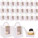 100 Pack Single Cupcake Boxes with Window, White Individual Cupcake Containers with Handle, 3.7x3.7x4.5 Inch Kraft Paper Favor Bakery Container for Small Cake, Muffins, Birthday, Wedding
