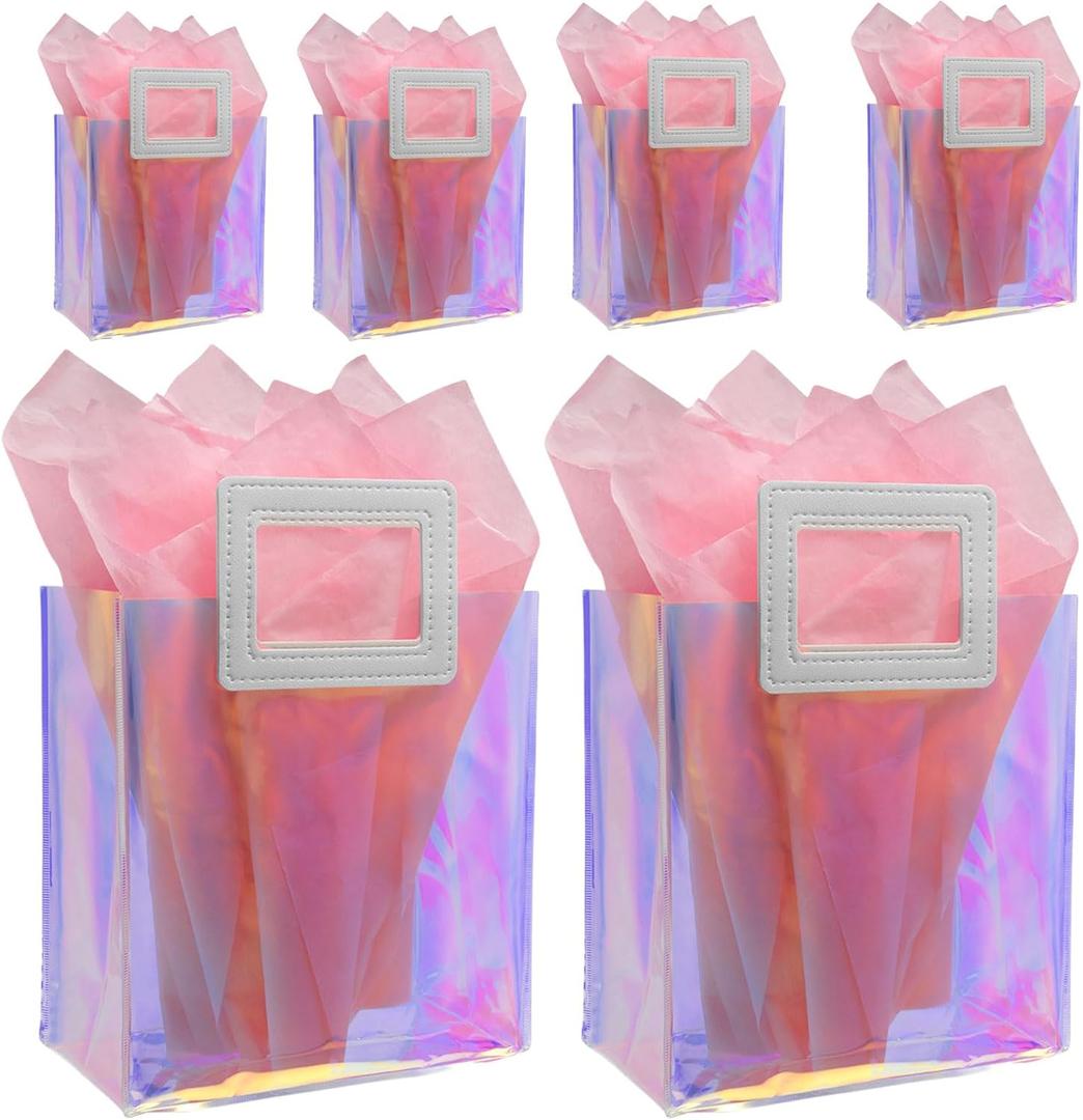 Caleihd 6PCS Holographic Clear Gift Bags with Tissue Paper, 7.9 * 7.1 * 3.9 inch with Handles,Treat Bags Goody Bags,for Christmas, Birthday Party, Weeding Gift Bags Party Supplies