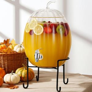 1.3 Gallon Pumpkin Glass Beverage Dispenser with Stand and Spigot Clear Drink Dispenser for Juice Cocktails Tea for Thanksgiving Halloween Fall Party Decor