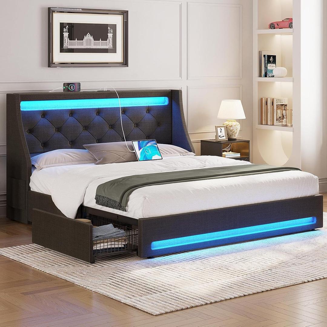 Rolanstar Queen Bed Frame with LED Lights and Charging Station, Upholstered Bed with Drawers, Wooden Slats, Noise Free, Easy Assembly, Dark Gray