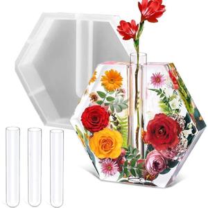 Large Hexagon Silicone Molds for Resin, Glossy Deep Epoxy Resin Molds 9" w/3 Test Tubes3D Large Resin Molds for Flowers Preservation,Resin Art, DIY Wedding,Anniversary, Birthday Gifts, Home Decors