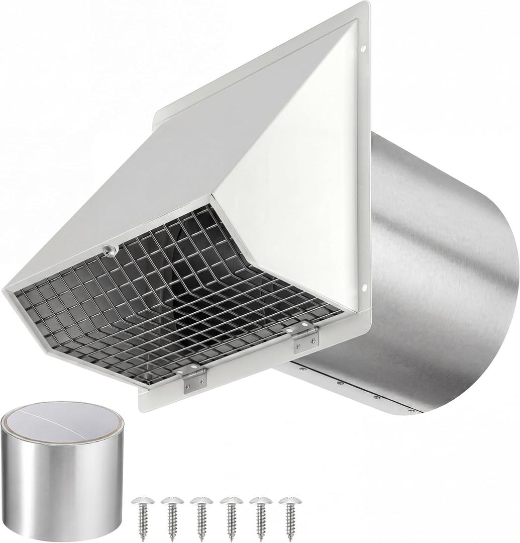 Shimeyao 6 Inch Wall Vent Cover - Hooded Dryer Vent Cover Outside with Damper and Screen White Wall Cap for Exterior Kitchen Range Hood Ventilation Dryer HVAC Duct Air Exhaust