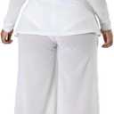 HugeNice Women's Sexy 2 Piece Outfits Clubwear Mesh See Through Tie Front Crop Tops Slit Wide Leg Pants Set (White)
