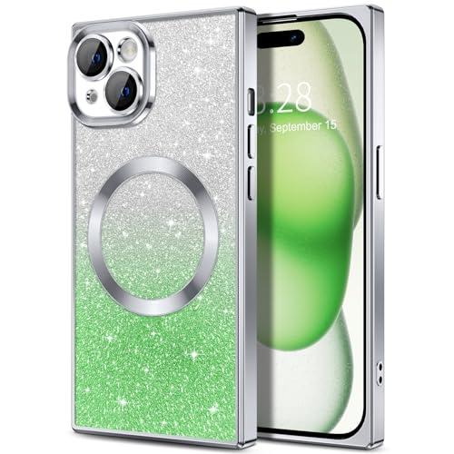 Hython for iPhone 15 Case Clear Magnetic Glitter Phone Cases [Compatible with MagSafe] Full Camera Lens Protector Gradient Sparkle Luxury Plating Shockproof Protective Cover Women, Straight/Silver