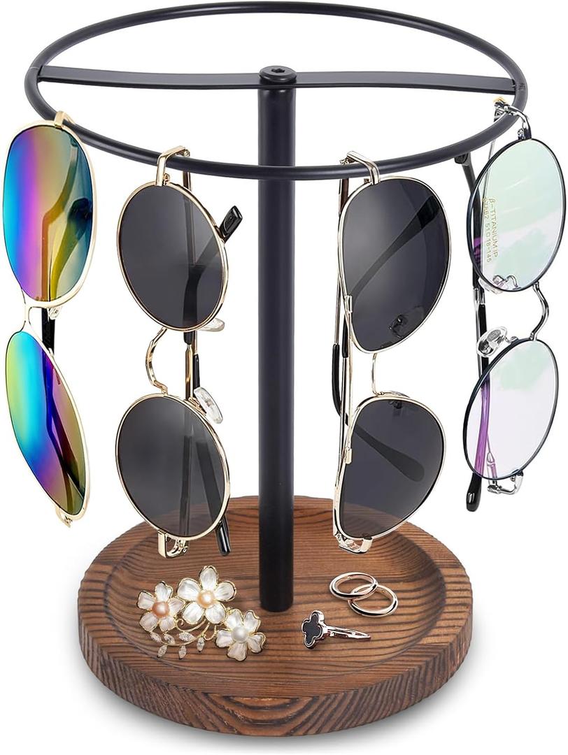 Sunglasses Organizer Glasses Holder Stand Metal Rack with Wood Tray for Eyeglasses Earrings Ring Jewelry Storage Display, Up to 12 Pairs of Eyewear for Dresser Table Desk Countertop Bedroom (Black)