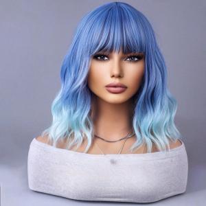 Ombre Blue Wigs for Women Short Curly Wavy Blue Wig for Girls Short Bob Wig With Bangs Heat Resistant Synthetic Wigs for Cosplay Costume Party (Blue Ombre Wig)