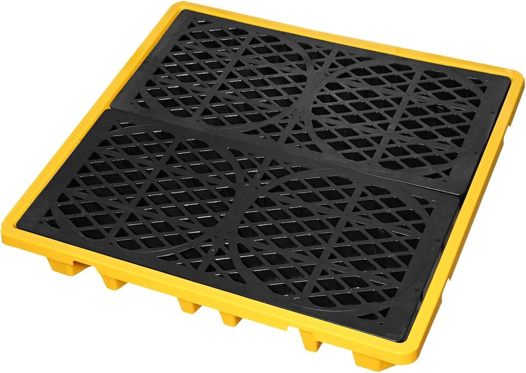 Spill Containment Platform with Drain, 51x51x6in, Anti-Slip Plastic, Leakproof Detachable, 4 Drum Capacity, Yellow for Industrial Use