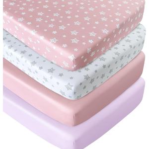 Crib Sheets for Girls 4 Pack, Fitted Crib Sheets for Standard Size Crib and Toddler Mattresses, Soft and Breathable Baby Gift Girl Set, Pink (52"X28")