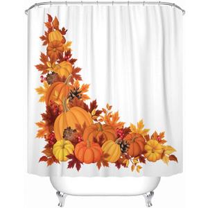 Emvency Fabric Shower Curtain Curtain with Hooks Brown Thanksgiving Corner with Pumpkins and Autumn Leaves Colorful Border Fall Leaf Gourd November Season 60"X72" Waterproof Decorative Bathroom